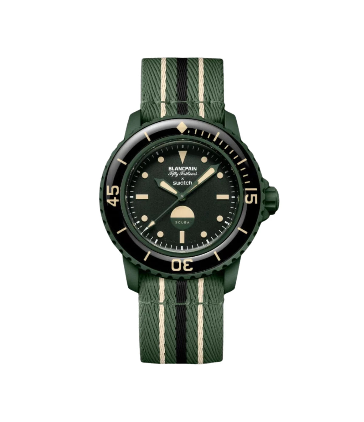 Blancpain X Swatch Bioceramic Scuba Fifty Fathoms Green Abyss SO35G100 front view - men's green Bioceramic diver's watch with black dial and lume markers, available in Sri Lanka at Timevault