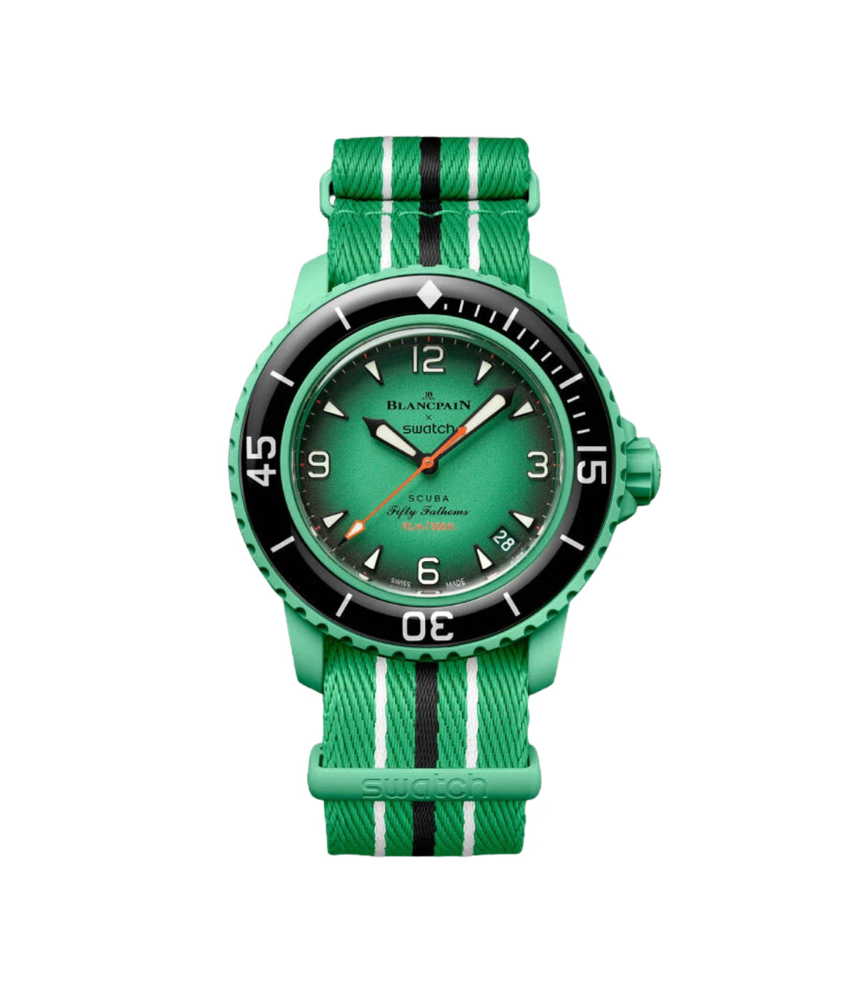 Blancpain X Swatch Bioceramic Scuba Fifty Fathoms Indian Ocean SO35I100C front view - green Bioceramic diver's watch with gradient dial, available in Sri Lanka at Timevault
