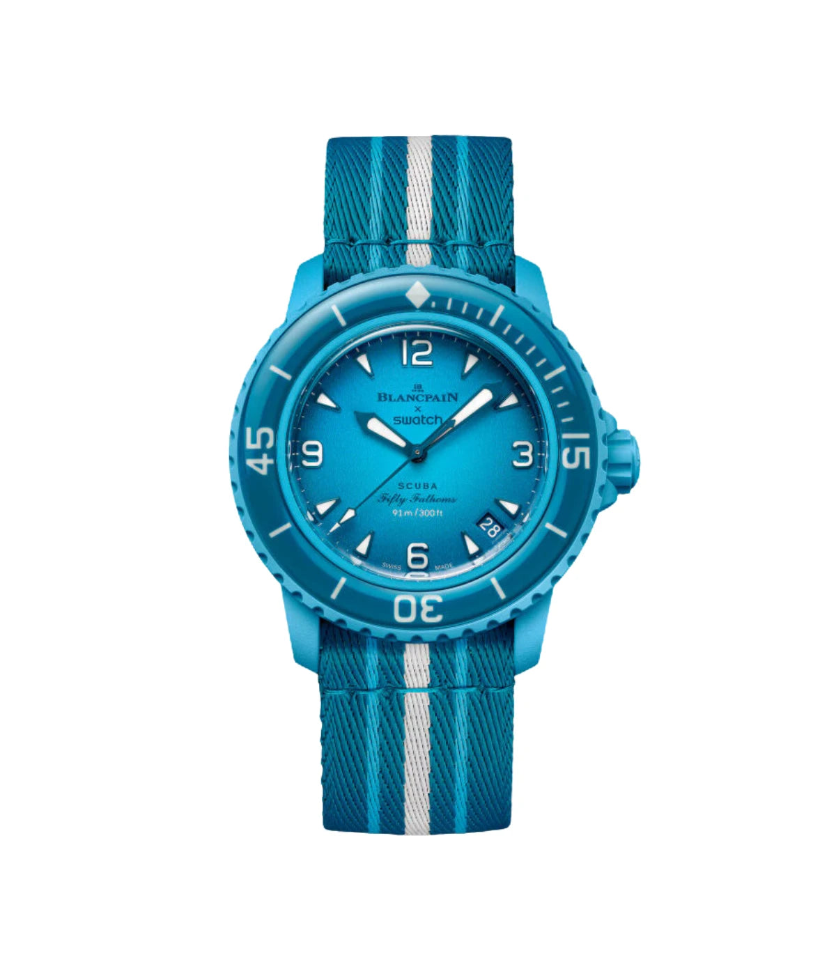 Blancpain X Swatch Bioceramic Scuba Fifty Fathoms Blue Lagoon SO35L400 front view - turquoise-blue Bioceramic diver's watch with gradient dial, available in Sri Lanka at Timevault
