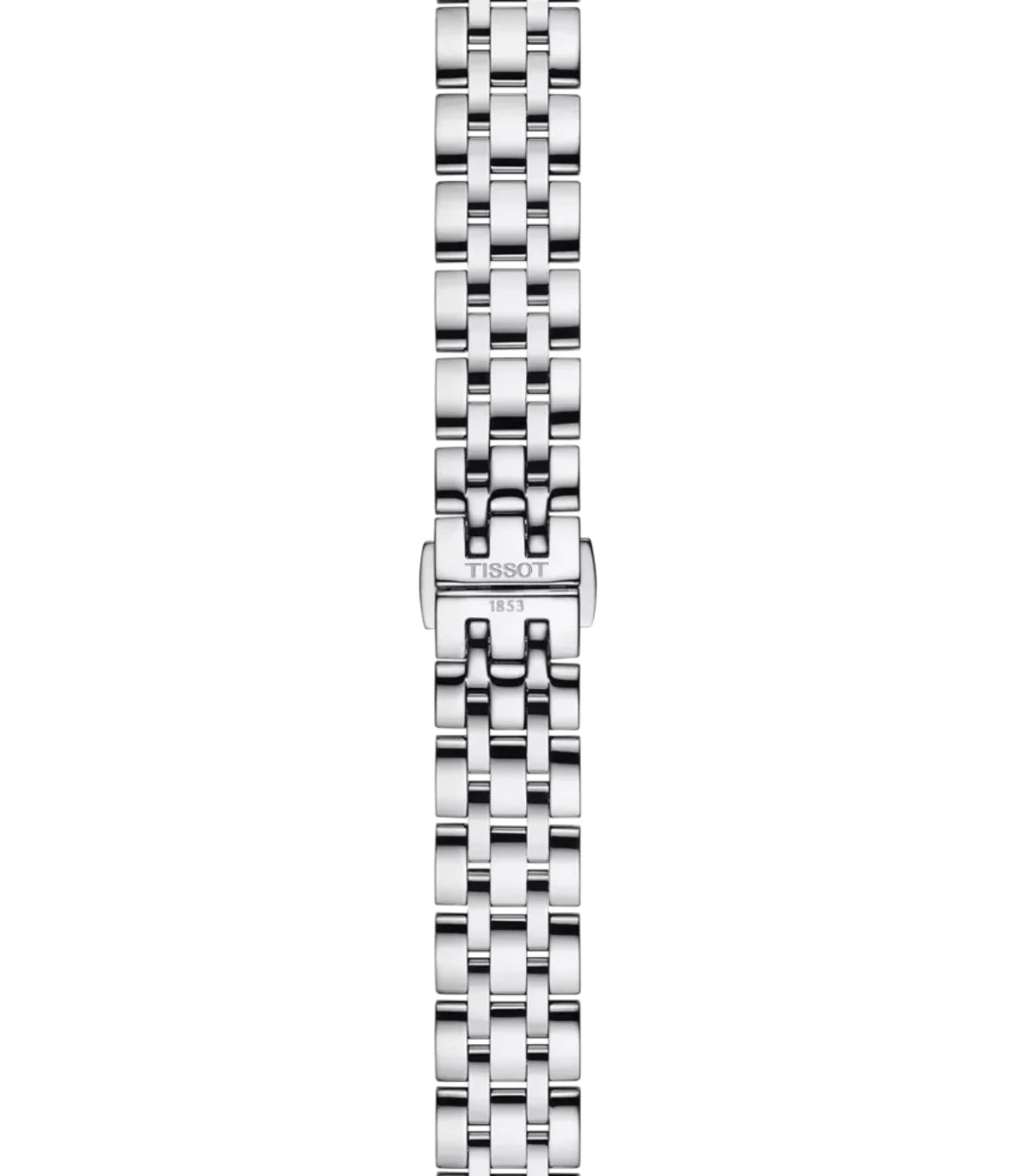 Close-up of the stainless steel bracelet on the Tissot Classic Dream Lady 28mm T1292101105300 with butterfly clasp