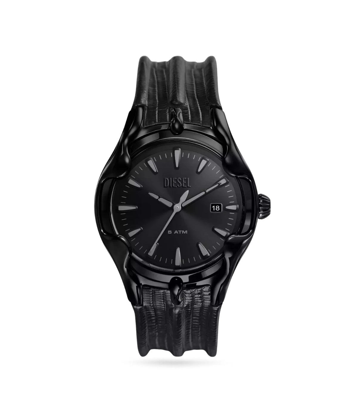 Diesel Vert Three-Hand Date Black Leather Watch DZ2193 front view - men's 44mm black stainless steel watch with sunray dial, available in Sri Lanka at Timevault