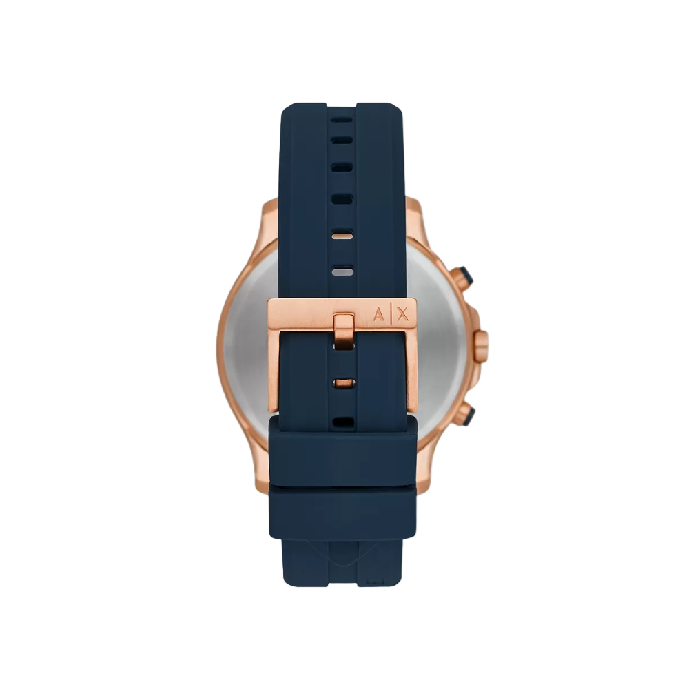 Rear view of the AX2440 displaying the stainless steel case back and the blue silicone strap with buckle closure.