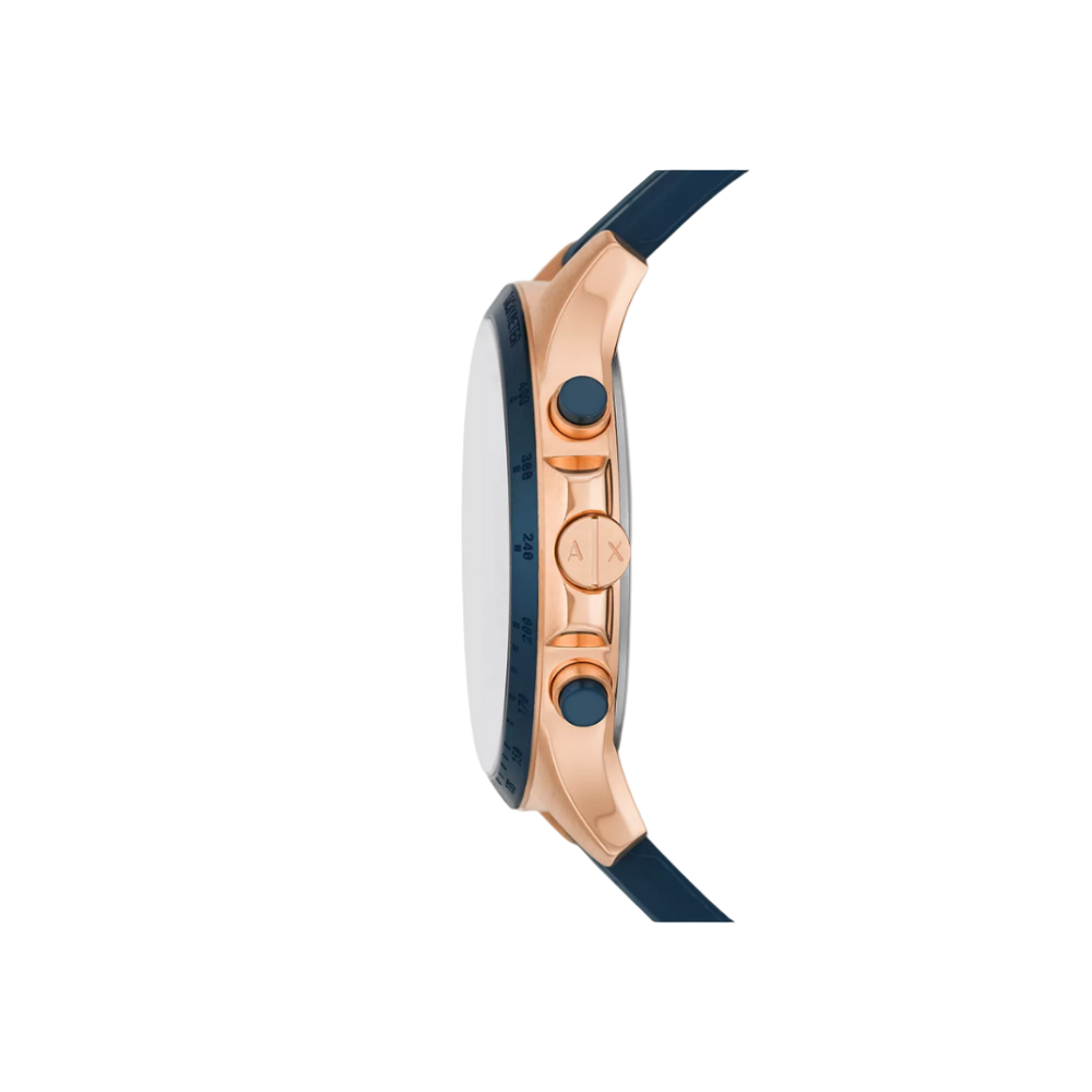 Angled perspective of the AX2440 showing the crowns within the rose gold-tone case.