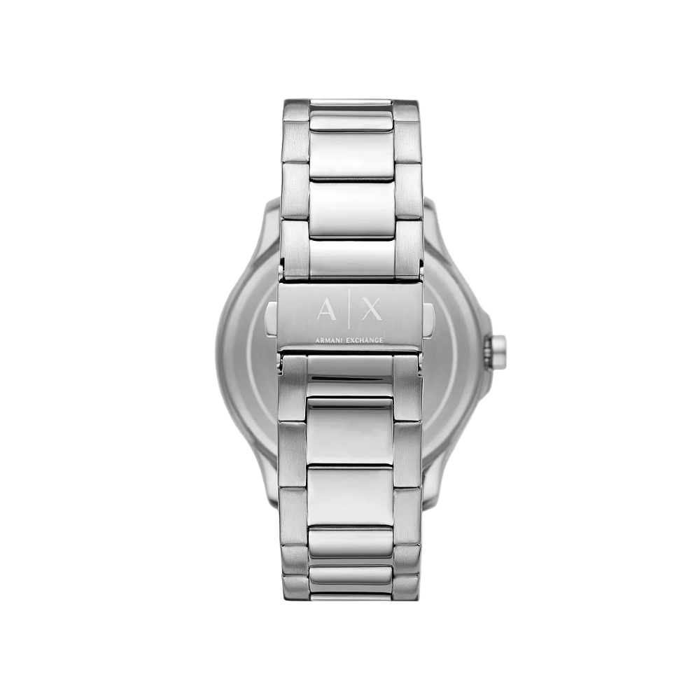 Rear view of the AX2451 showcasing the stainless steel case back and bracelet clasp.