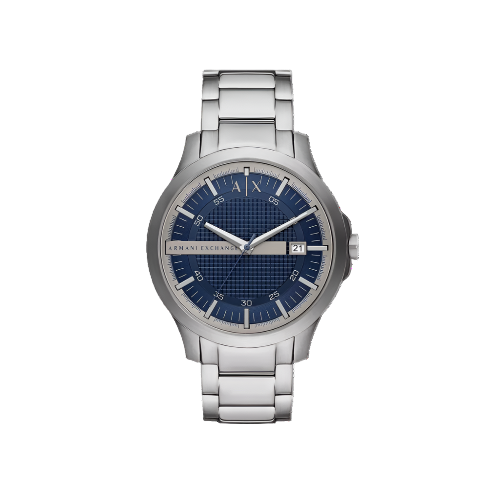 Front view of the Armani Exchange AX2451 watch featuring a blue sunray-textured dial and stainless steel bracelet.