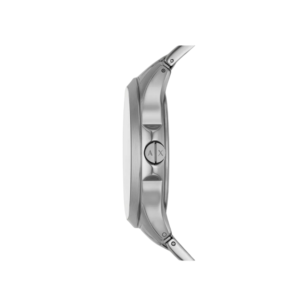 Angled perspective of the AX2451 highlighting the crown and the polished stainless steel case.