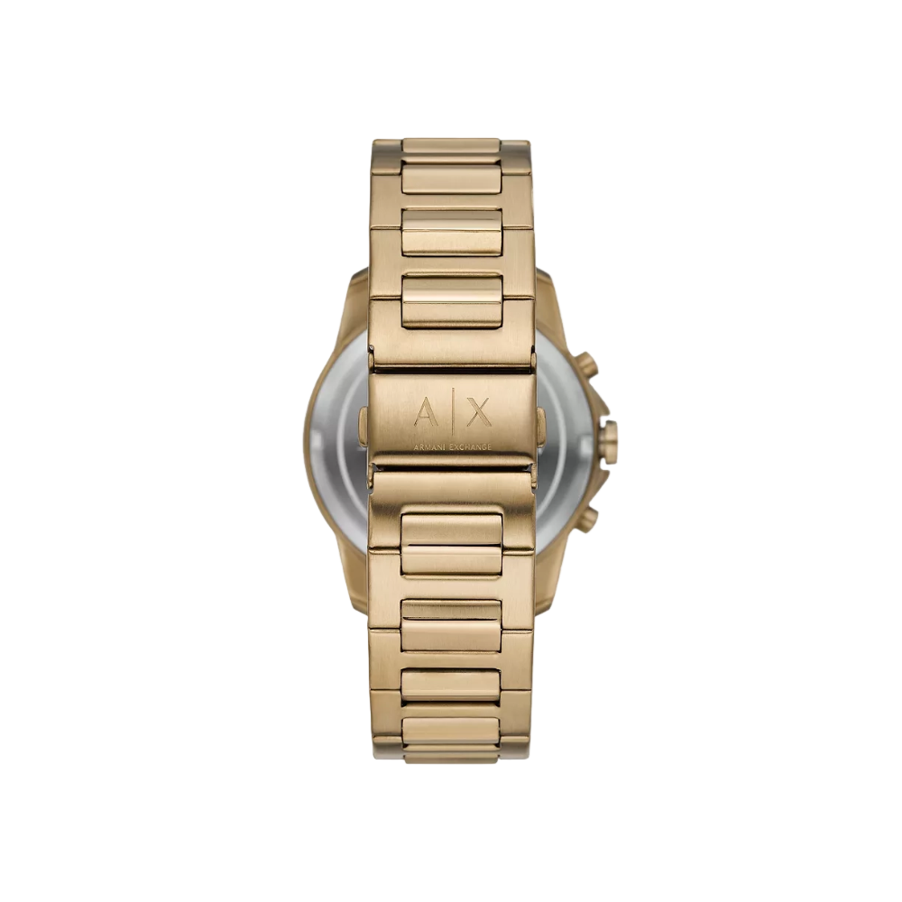 Back view of the AX1739 showing the stainless steel case back and clasp of the bronze gold-tone bracelet.