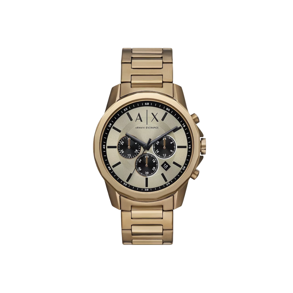 Front view of the Armani Exchange AX1739 watch with beige dial and bronze gold-tone stainless steel bracelet.