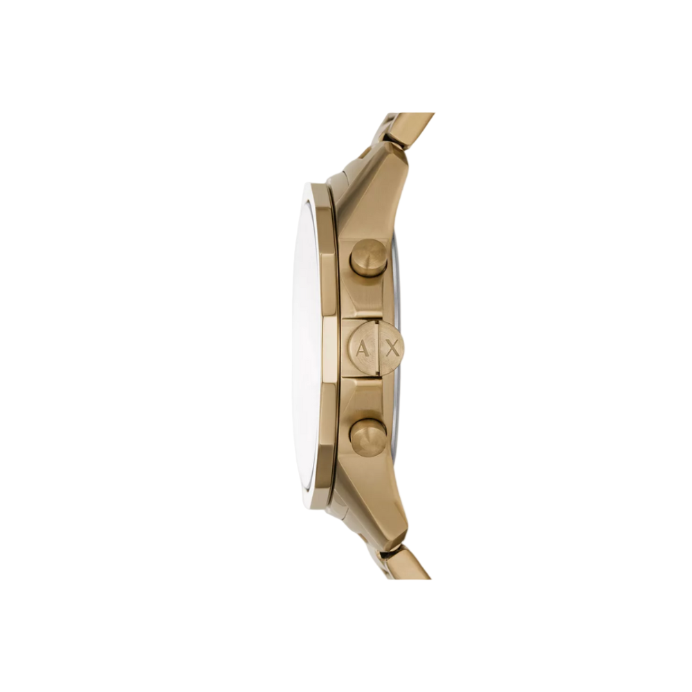 side view showing the crown and bronze gold-tone stainless steel case of the Armani Exchange Chronograph Bronze Gold Tone Stainless Steel Watch.
