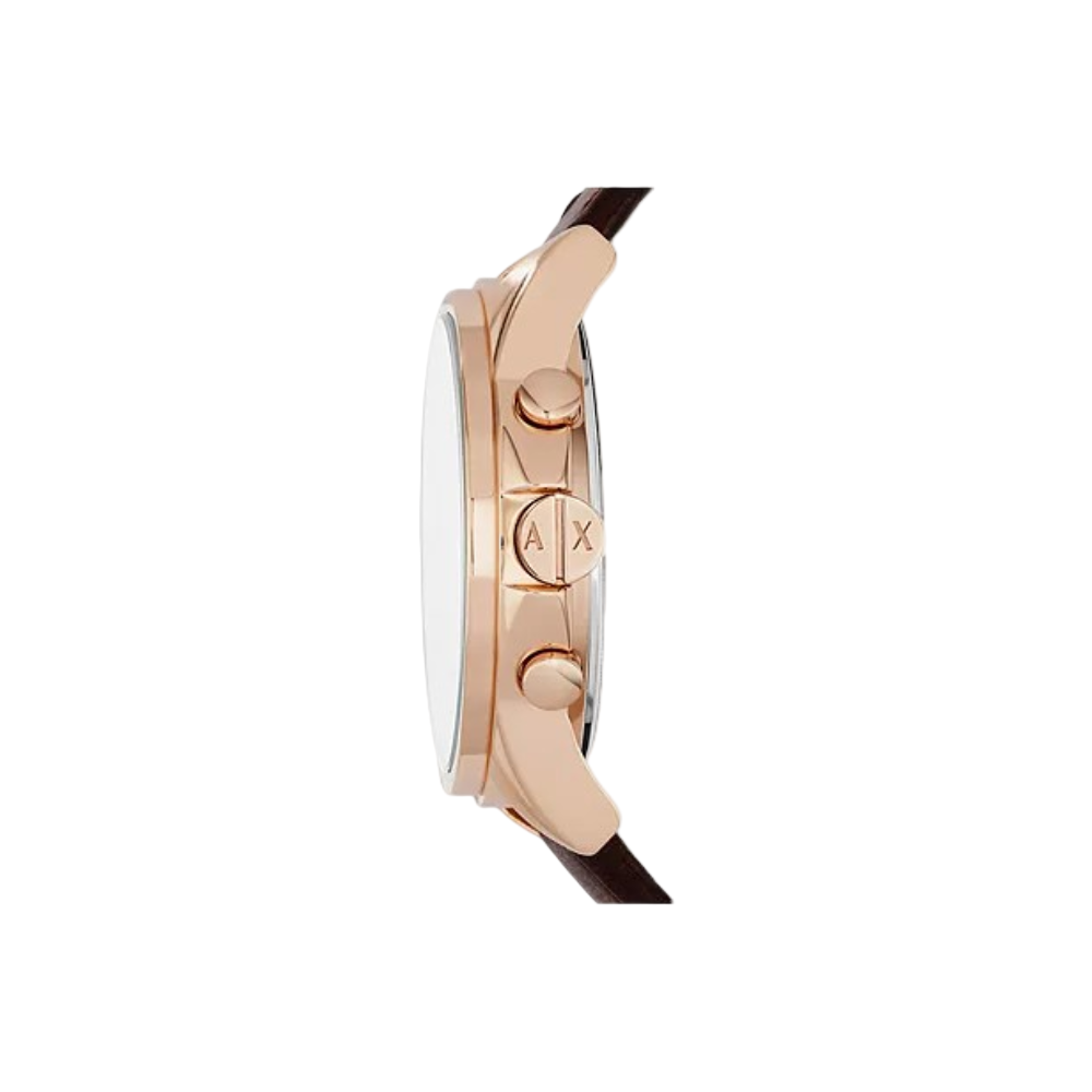 side view showing the crown and brown leather strap of the Armani Exchange Chronograph Brown Leather Watch.