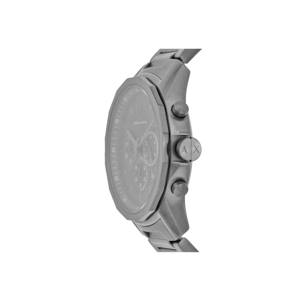 Angled view of the Armani Exchange AX1731 watch showcasing the detailed black dial, crown and gunmetal-tone case for a modern, stylish look.