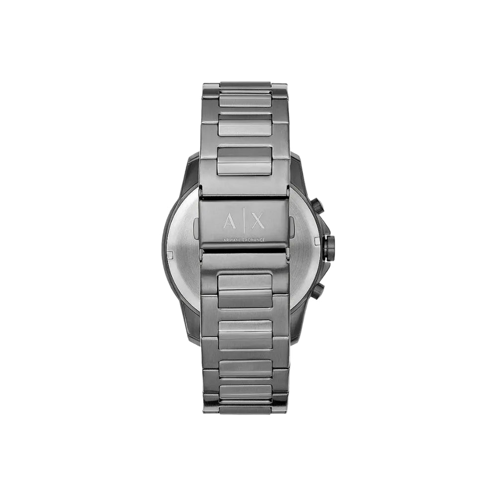 Back view of the Armani Exchange AX1731 chronograph watch highlighting the stainless steel case back and bracelet clasp design.