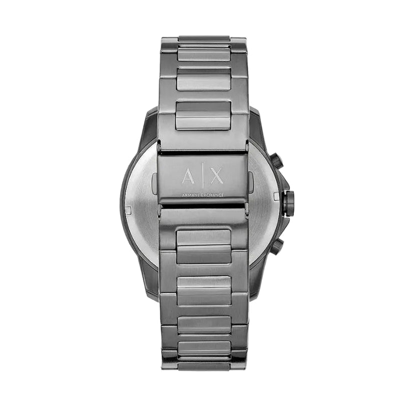 Back view of the Armani Exchange AX1731 chronograph watch highlighting the stainless steel case back and bracelet clasp design.