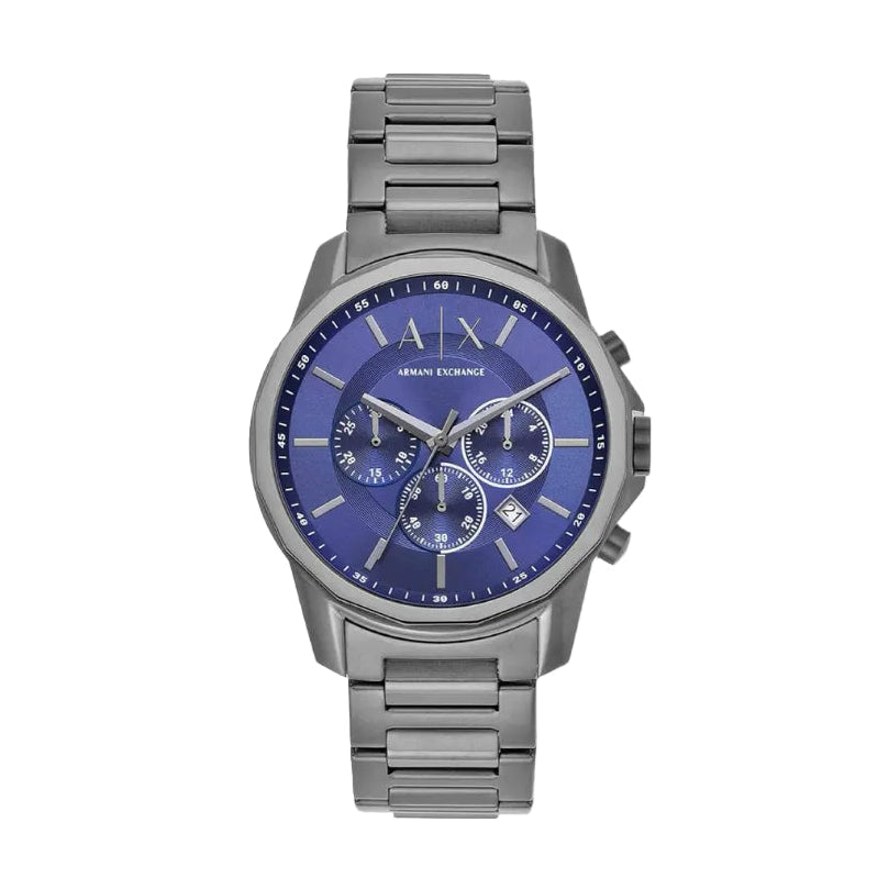 Front view of the Armani Exchange Gunmetal Chronograph Watch AX1731 with black dial and stainless steel bracelet.
