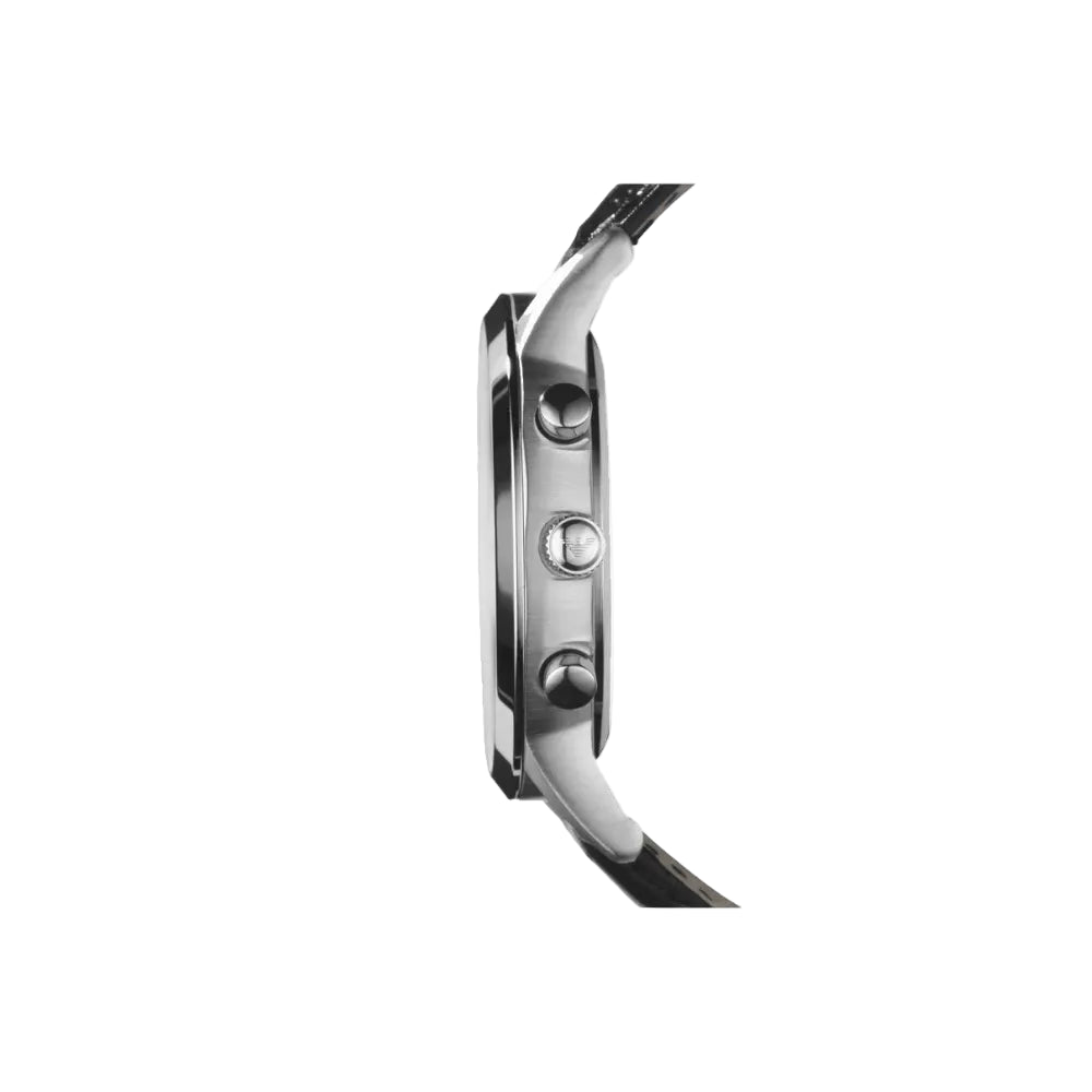 side view showing the crown and stainless steel case of the Armani Exchange Men’s Chronograph Watch.