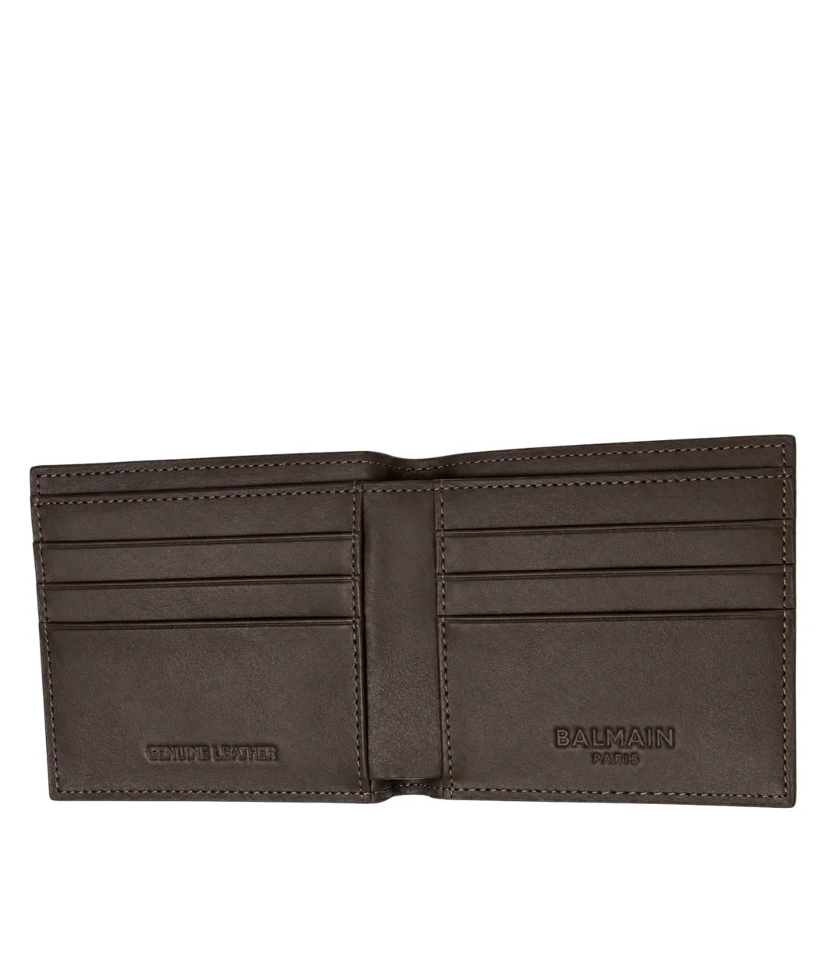 Balmain embossed signature Leather Bifold Wallet in coffee brown open view - men's coffee brown Balmain wallet, available in Sri Lanka at Time Vault