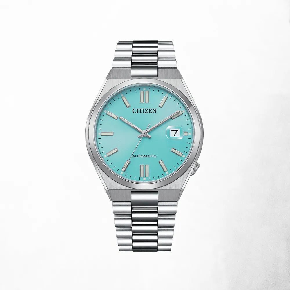 Front view of the Citizen Automatic Gents Watch with a light blue dial and stainless steel bracelet.