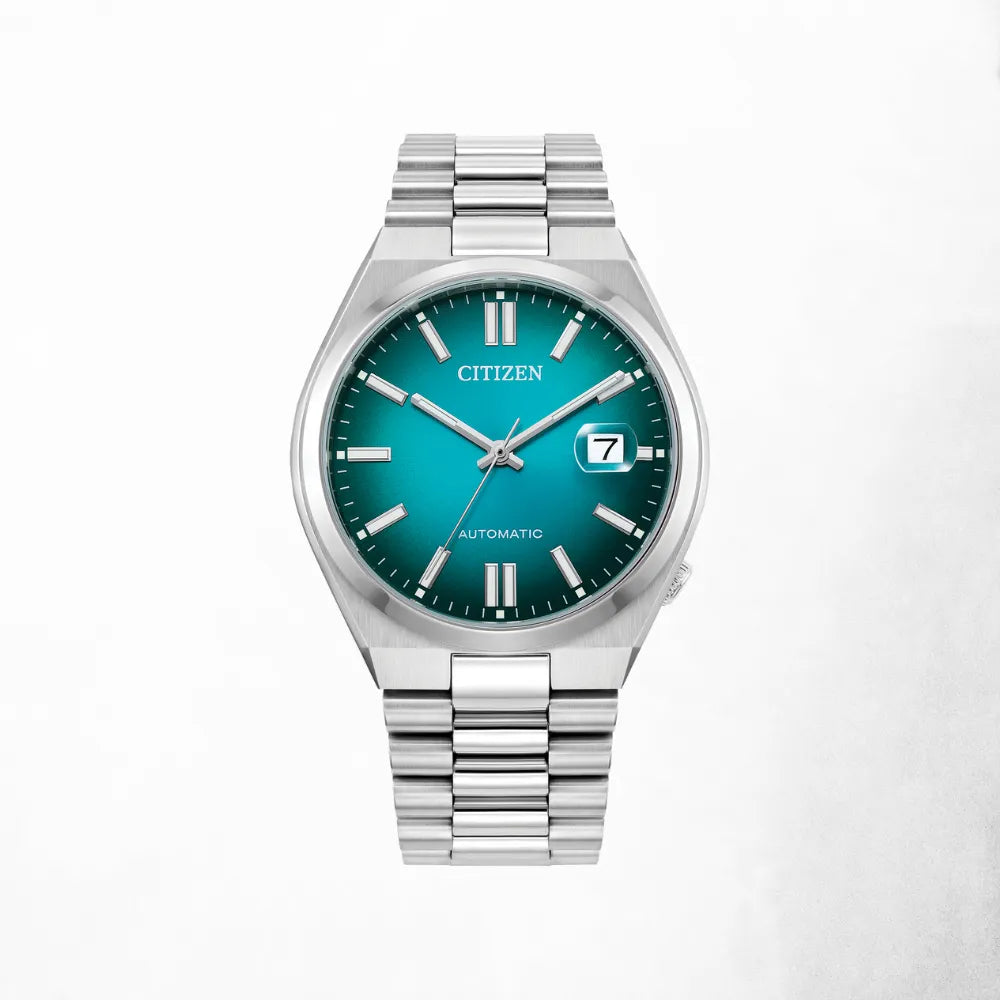 Front view of the Citizen Automatic Gents Watch with a teal blue dial and silver stainless steel bracelet.