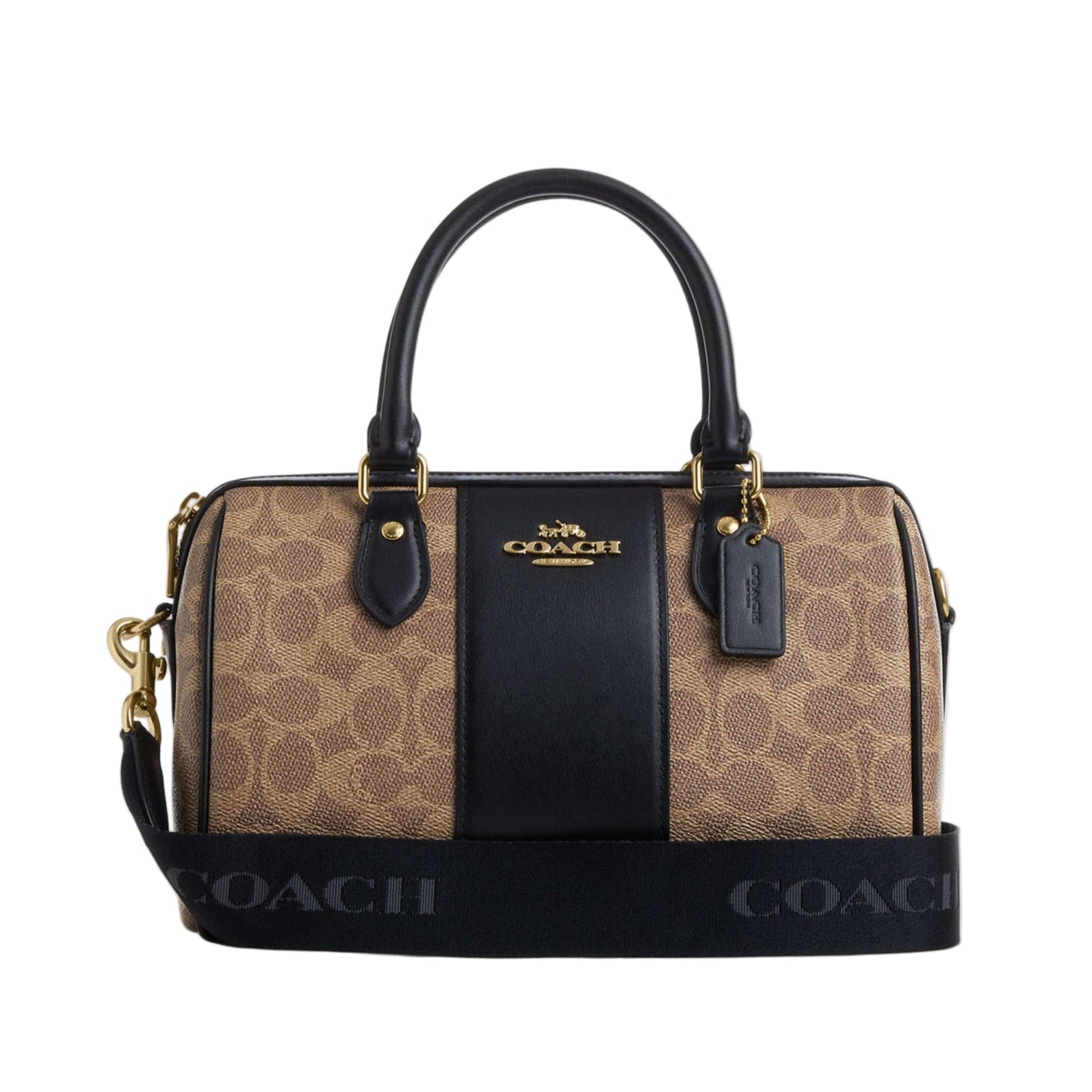 Coach handbag with black and beige pattern on a white background