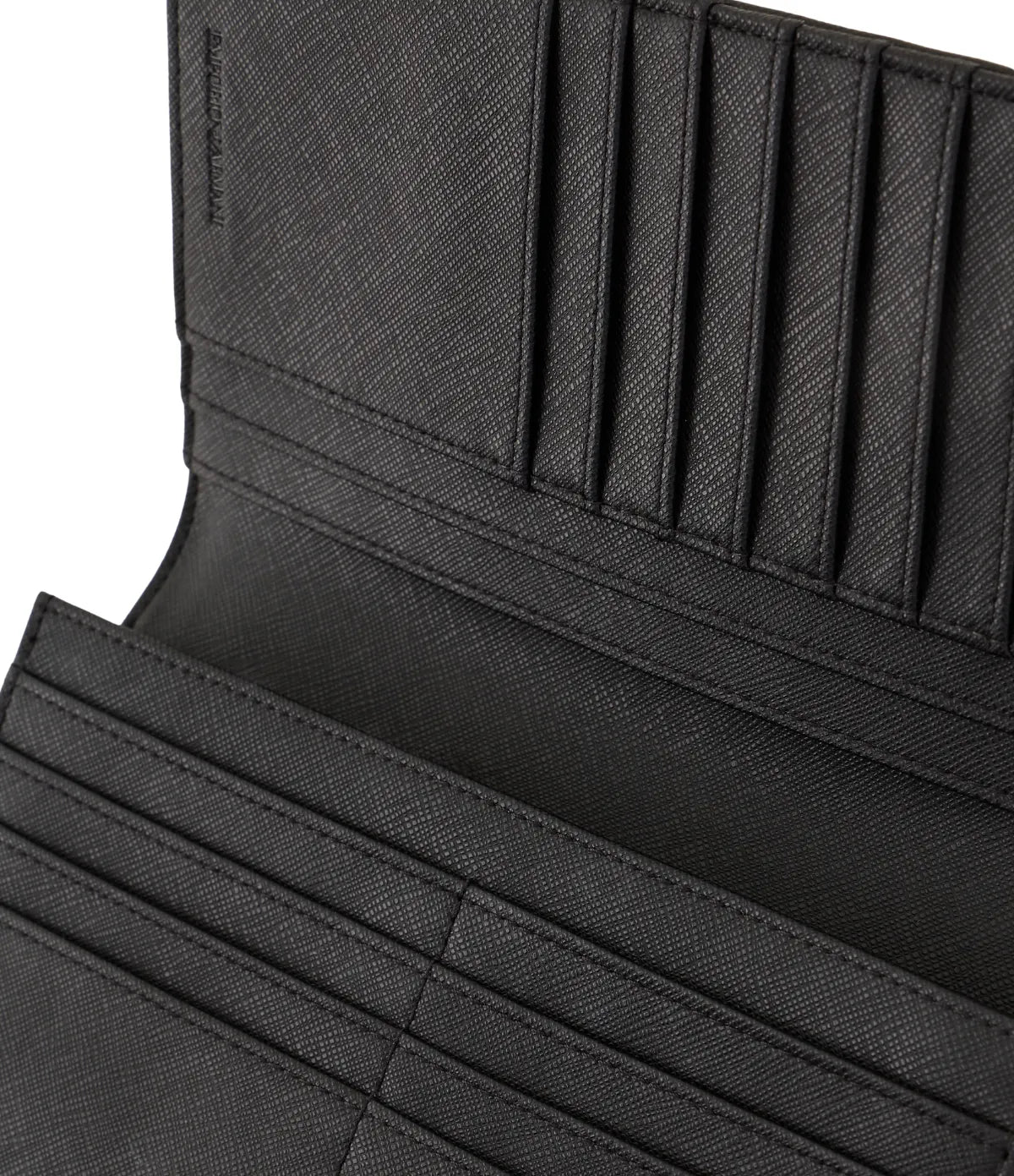 Close up on the Interior view of the Emporio Armani wallet showing its card, cash and accessory compartments