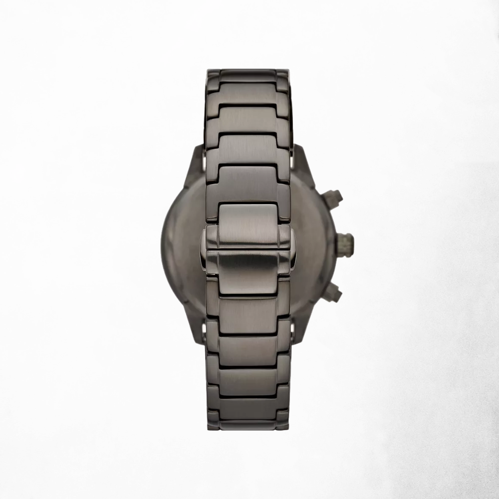 Rear view displaying the case back of the Emporio Armani Gunmetal Stainless Steel Watch.