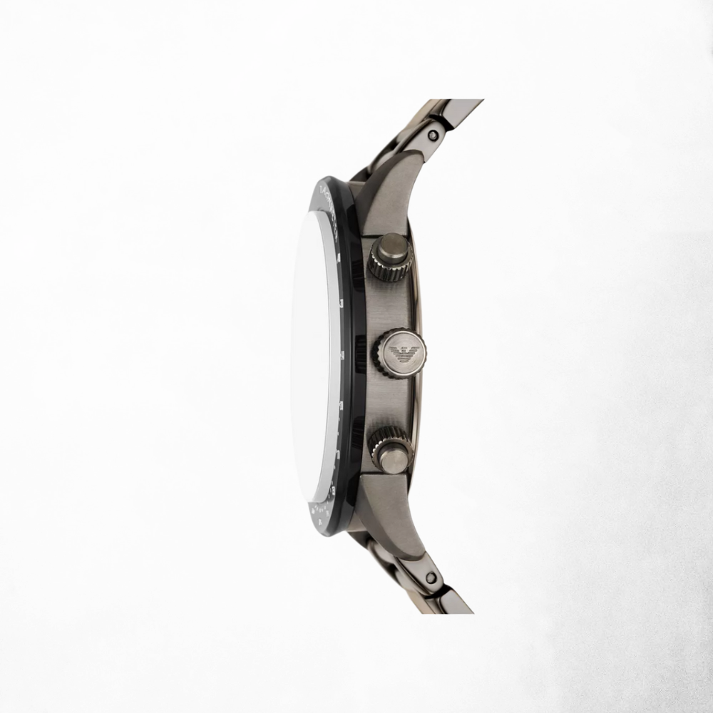 Side view highlighting the crown and pushers of the Armani gunmetal chronograph watch.