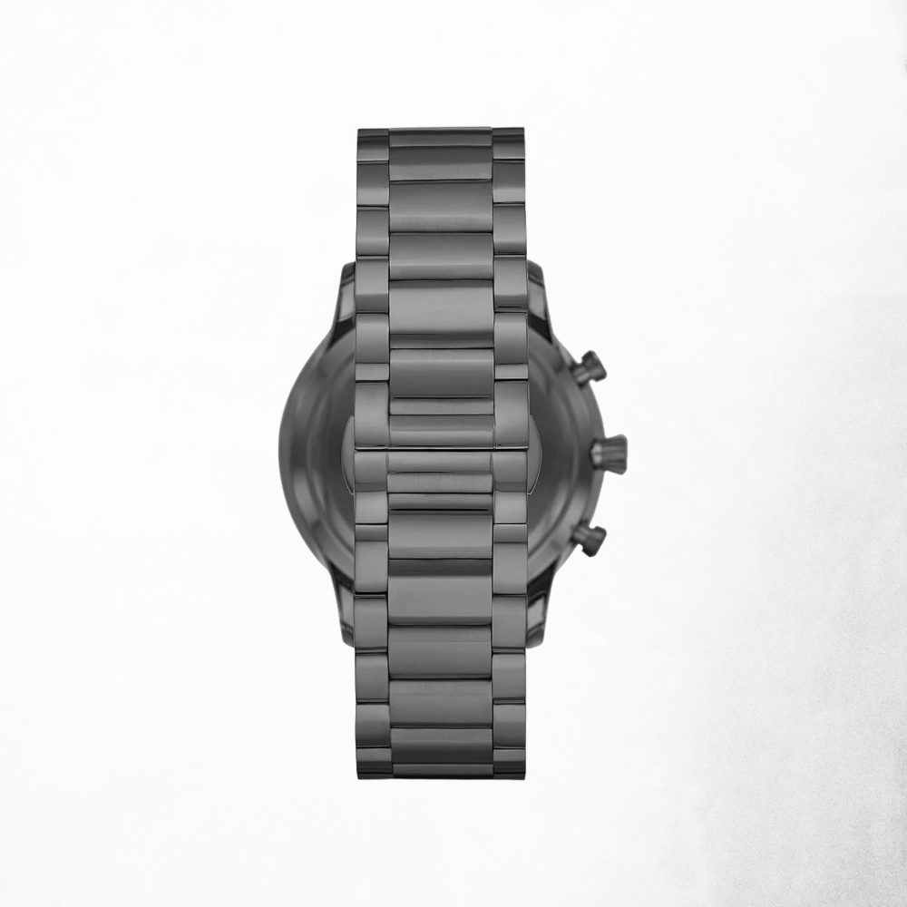 Rear view showing the stainless steel case back of the Emporio Armani Giovanni Chronograph.