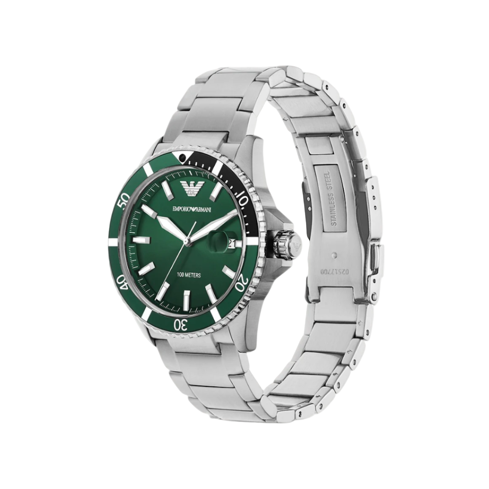 Angled view of the Emporio Armani Three-Hand Date Stainless Steel Watch showcasing the sleek case and dial.