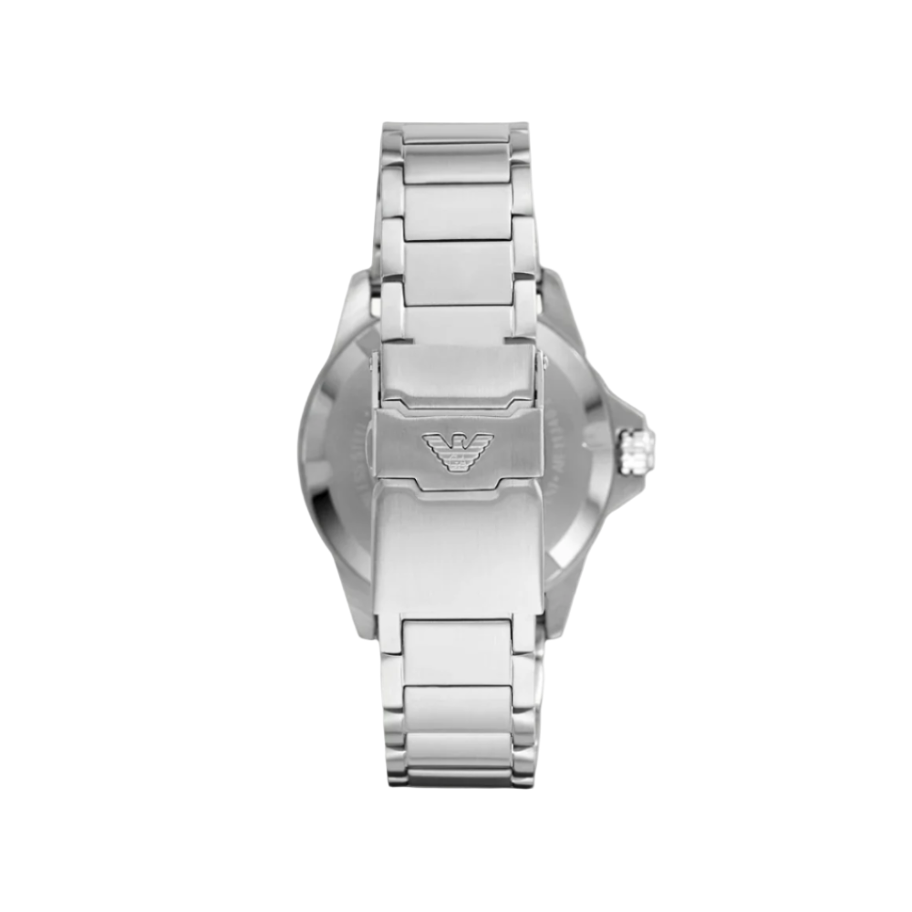 Back view of the Emporio Armani Three-Hand Date Stainless Steel Watch displaying the case back details.