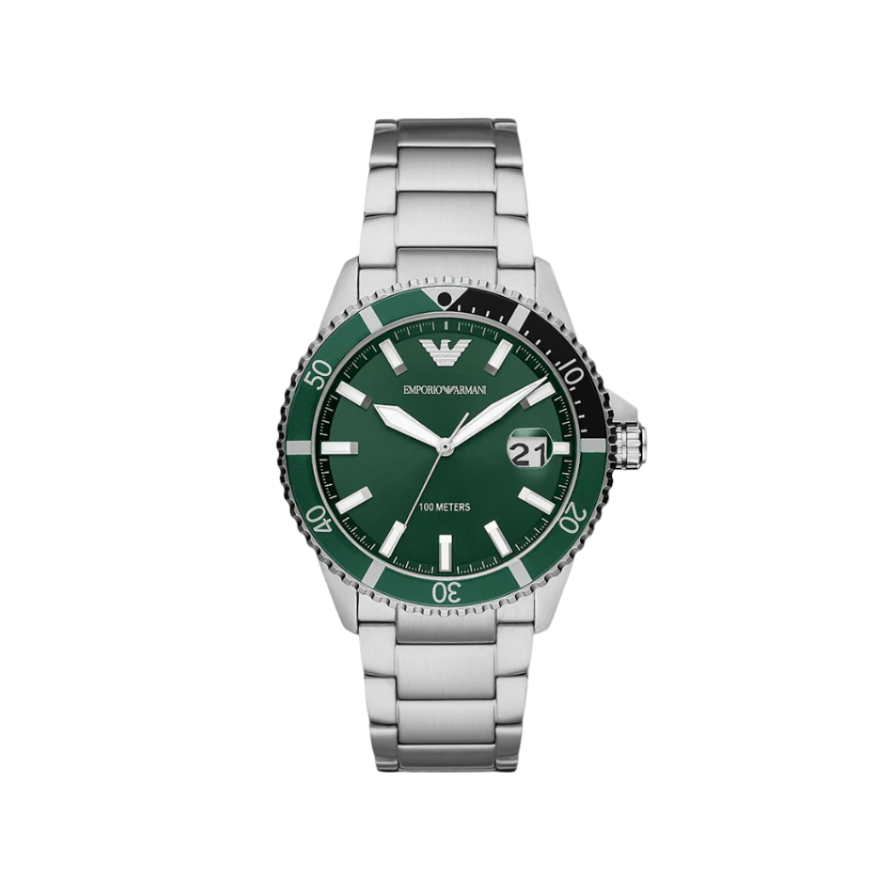 Front view of the Emporio Armani Three-Hand Date Stainless Steel Watch with black dial and stainless steel bracelet.