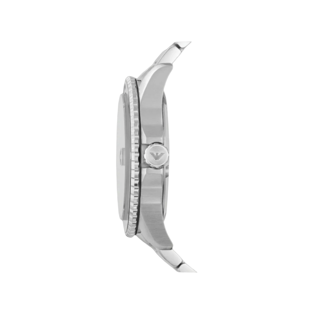 Side view showing the crown and stainless steel case of the Emporio Armani Three-Hand Date Watch.