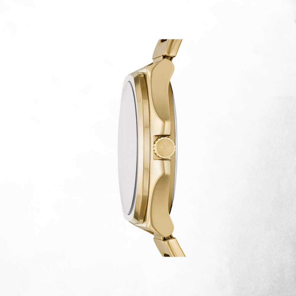 Side view of the Evanston Gold-Tone Watch showing the crown and case thickness.