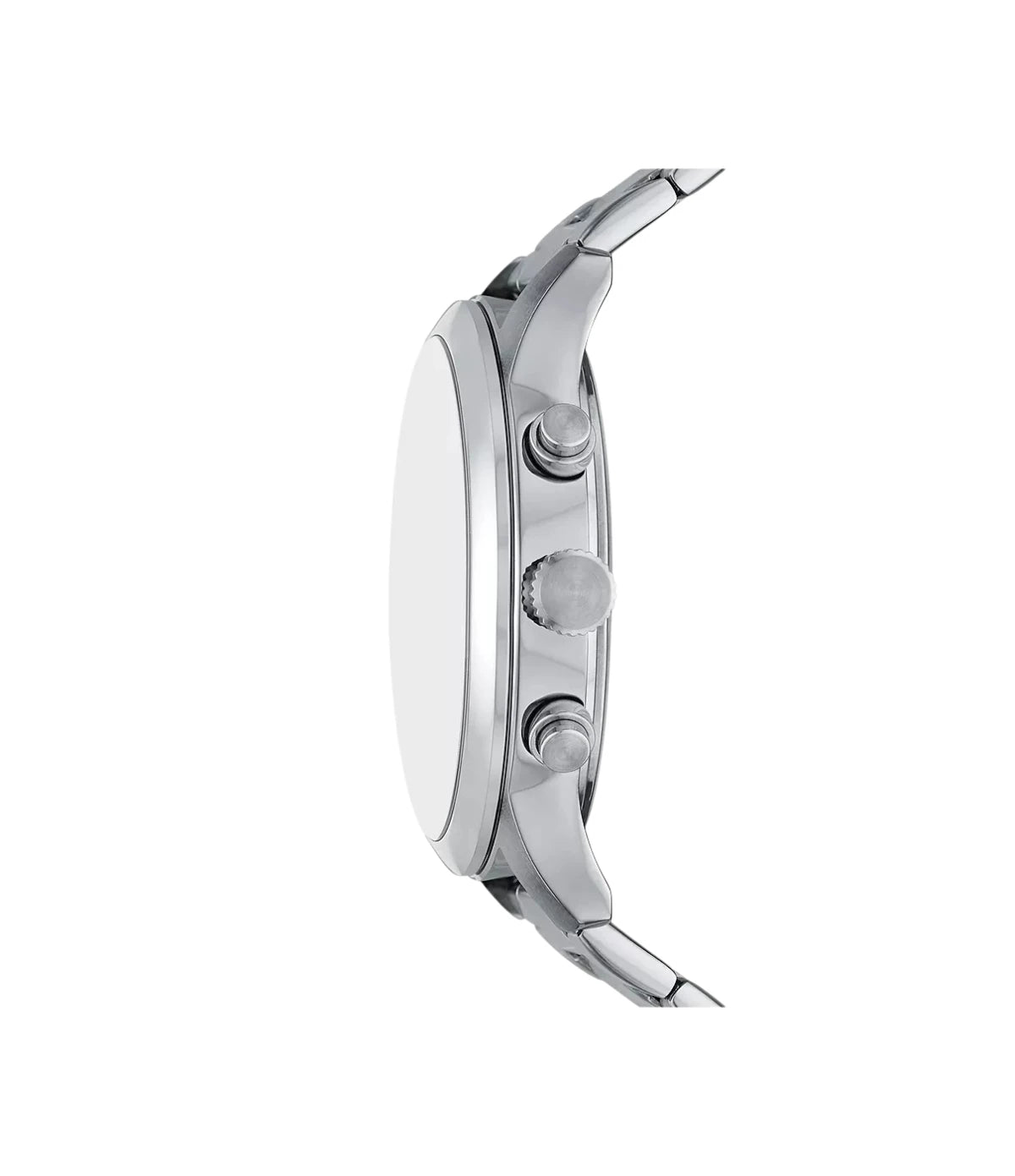 Side profile of the Fossil Bennett BQM7092 showing the stainless steel case and bracelet thickness