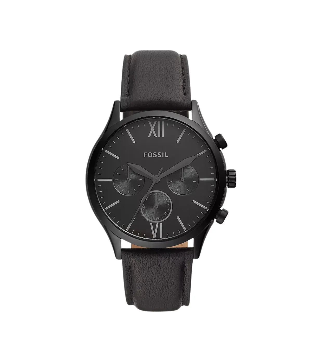 Fossil Fenmore 44mm Multifunction Black Leather Watch BQ2364 front view - men's black leather watch with black dial, available in Sri Lanka at Time Vault