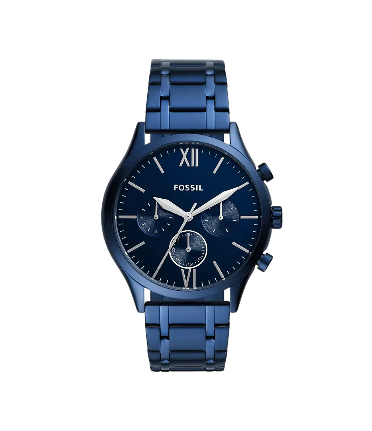 Fossil Fenmore 44mm Multifunction Navy Stainless Steel Watch BQ2403 front view - men's navy stainless steel watch with blue dial, available in Sri Lanka at Time Vault