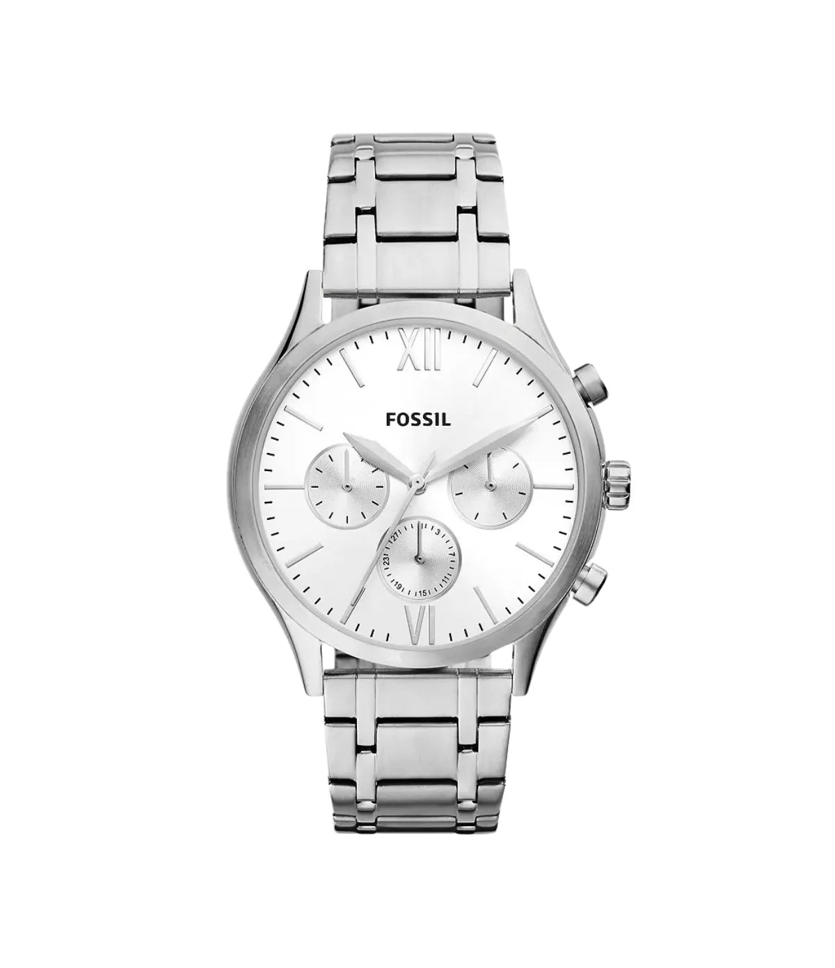 Fossil Fenmore 44mm Multifunction Stainless Steel Watch BQ2810 front view - men's silver stainless steel watch with silver dial, available in Sri Lanka at Time Vault