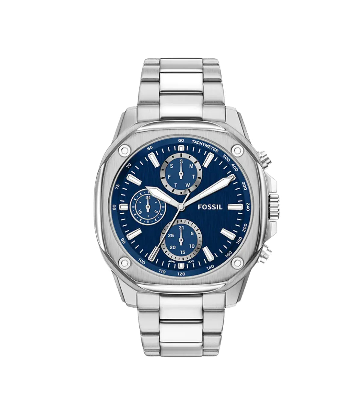 Fossil Gage 47mm Silver Stainless Steel Watch BQM7140 front view - men's silver stainless steel watch with blue dial, available in Sri Lanka at Time Vault
