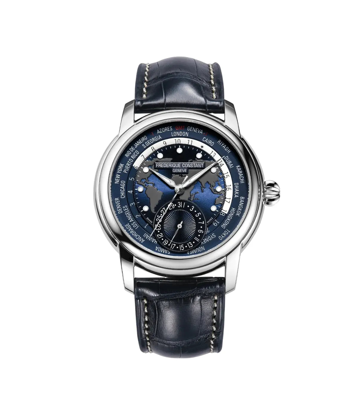 Frederique Constant Manufacture Classic Worldtimer FC-718NWM4H6 front view - men's automatic stainless steel worldtimer watch with blue sunray dial and 24 time zone display
