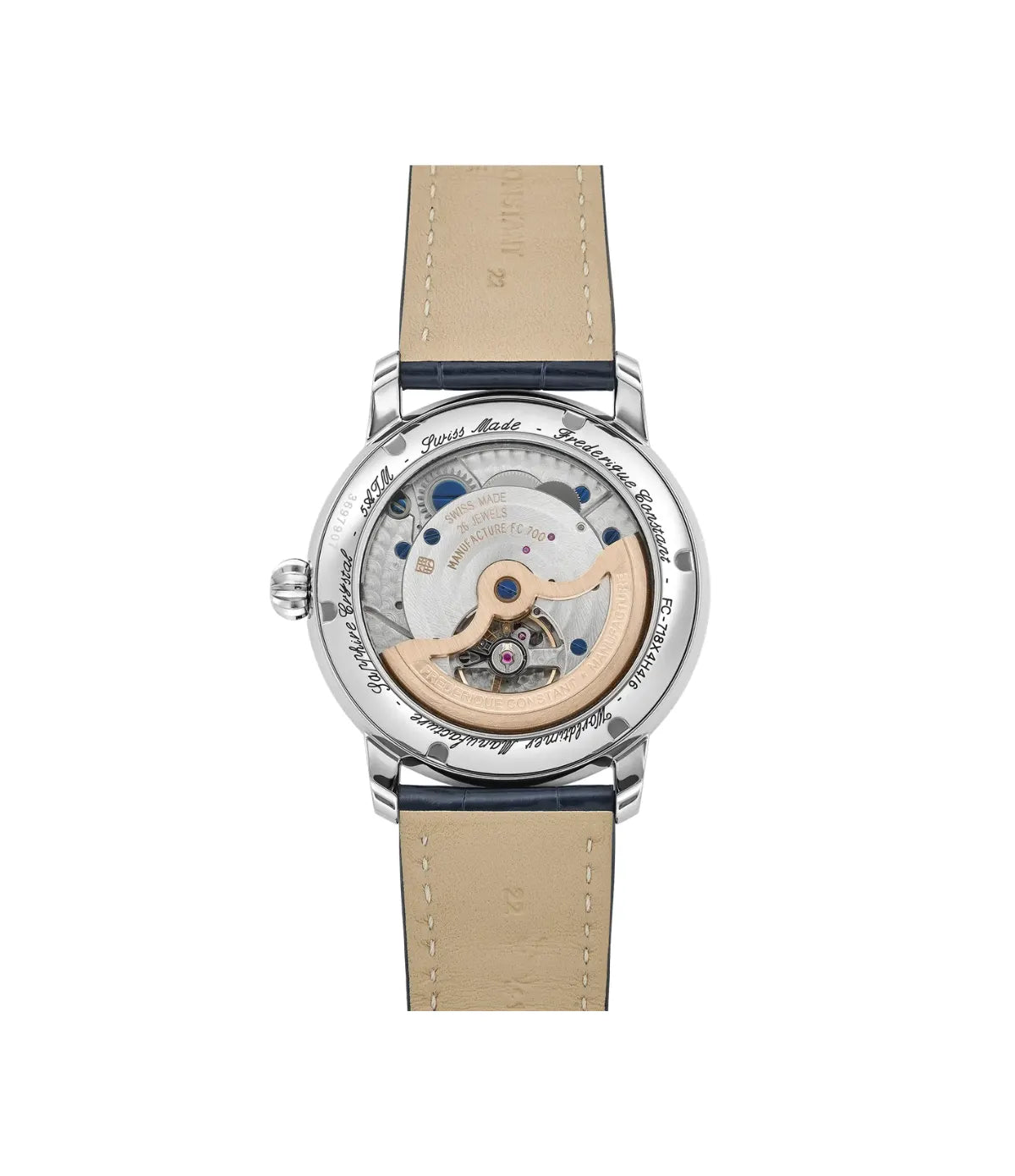 Side profile of the Frederique Constant Manufacture Classic Worldtimer FC-718NWM4H6 showing the 42mm stainless steel case and blue alligator leather strap thickness