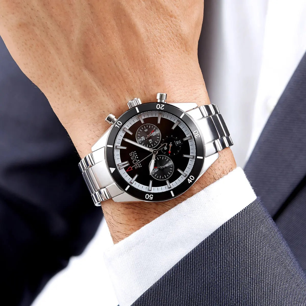 Lifestyle image of the Hugo Boss Chronograph Watch styled with formal attire.