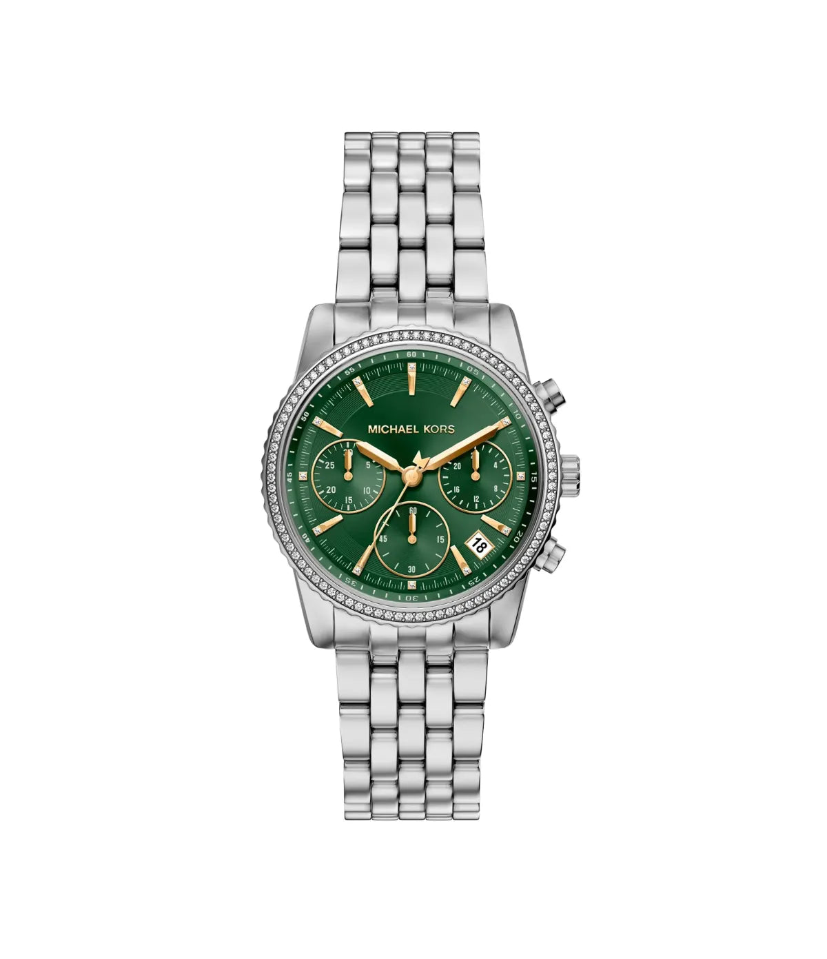 Bryant Pavé 35mm Silver-Tone Chronograph Watch MK7583 front view - women's Michael Kors watch with green dial and silver finish, available in Sri Lanka at Time Vault
