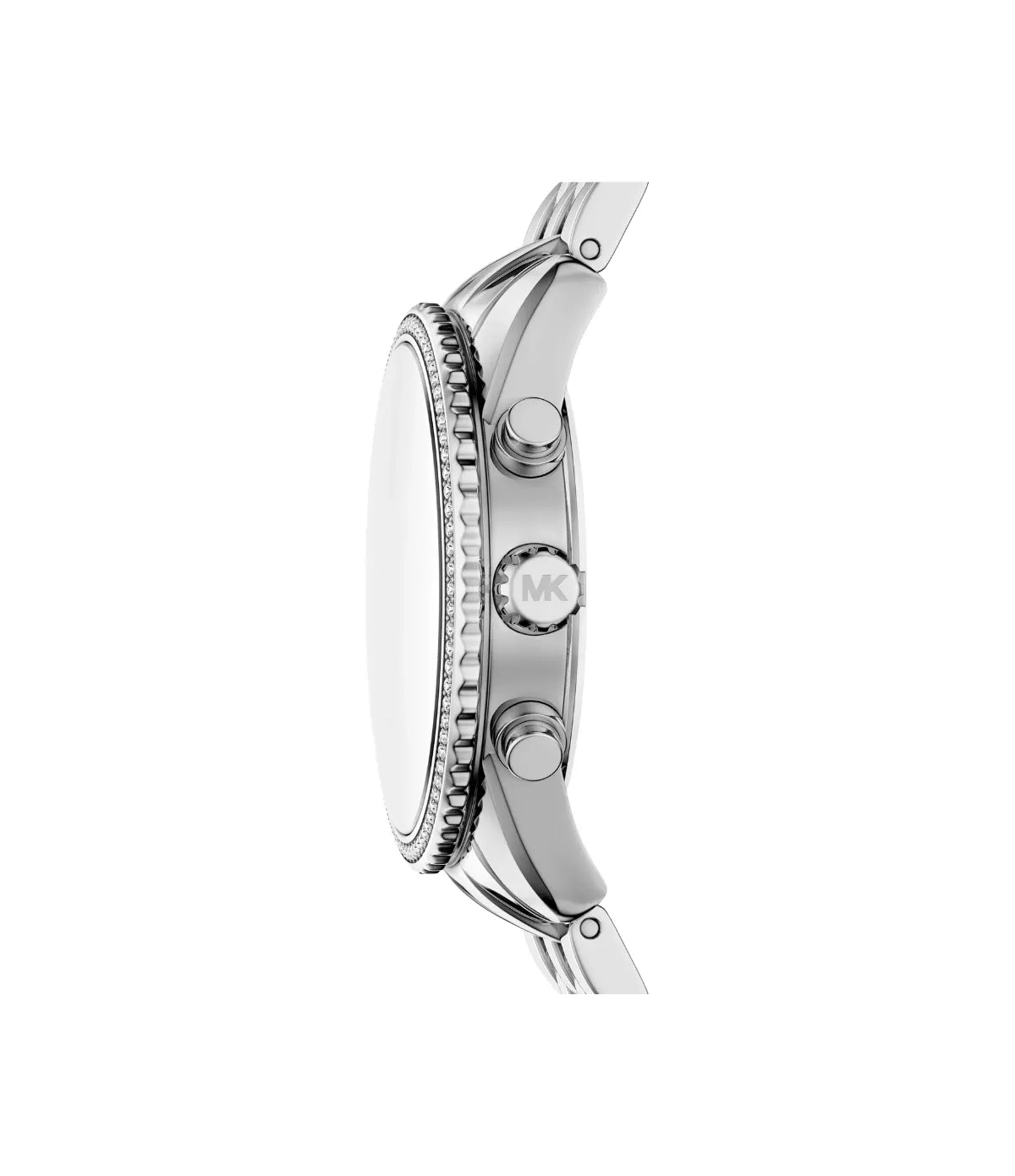 Side profile of the Michael Kors Bryant MK7583 showing the stainless steel case, crown and silver bracelet or strap