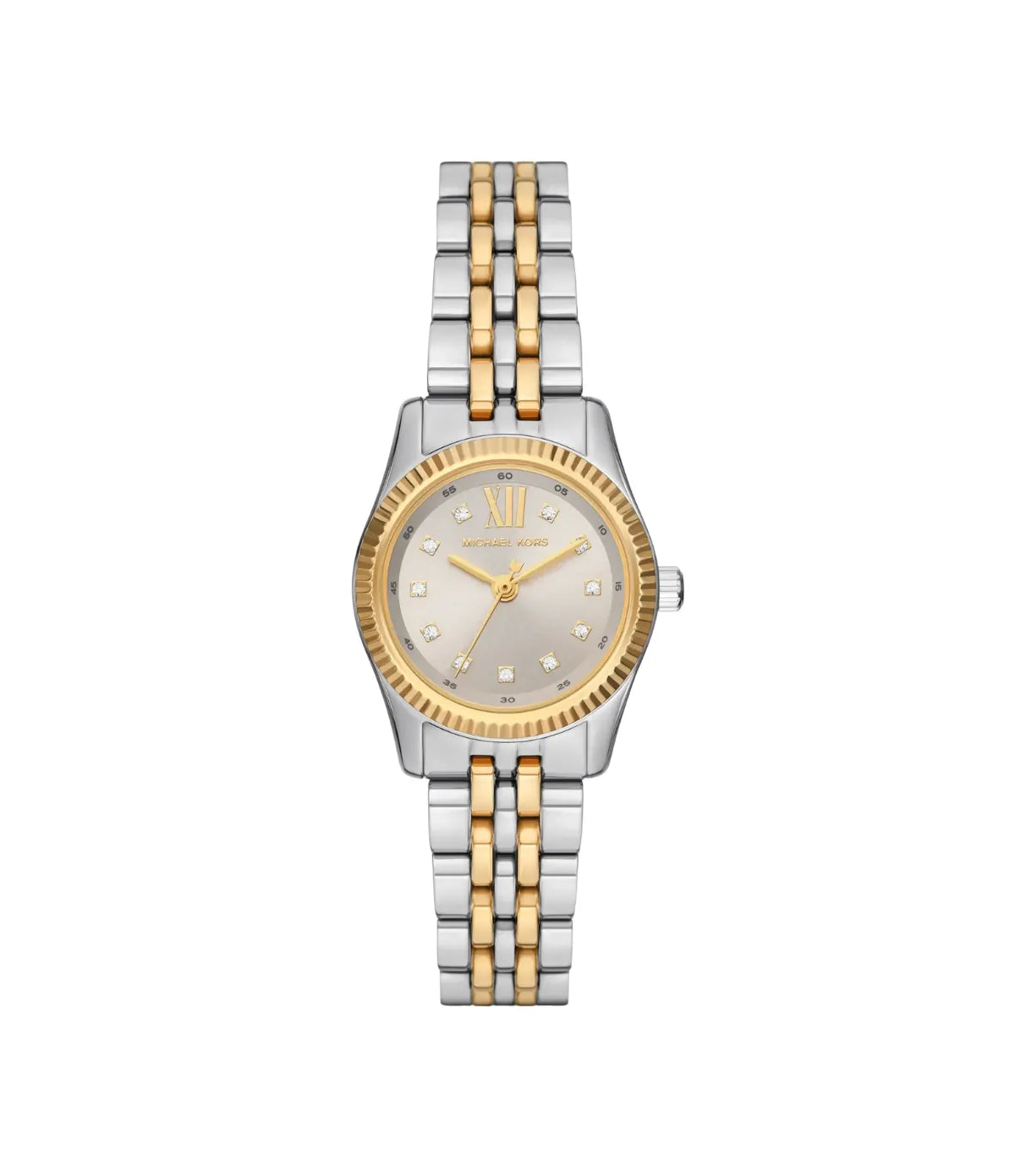 Lexington Pavé 26mm Two-Tone Watch MK4815 front view - women's Michael Kors watch with white dial and silver and gold finish, available in Sri Lanka at Time Vault