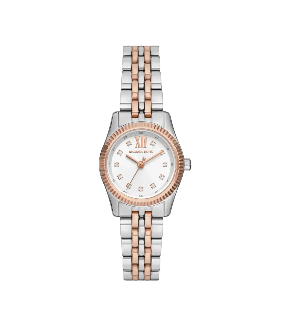 Lexington Pavé 26mm Two-Tone Watch MK4817 front view - women's Michael Kors watch with white dial and silver and rose gold finish, available in Sri Lanka at Time Vault