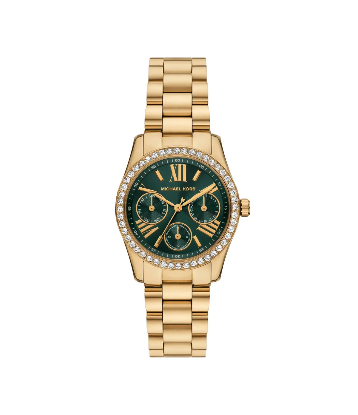 Mini Lexington Pavé 33mm Gold-Tone Watch MK4924 front view - women's Michael Kors watch with green dial and gold finish, available in Sri Lanka at Time Vault