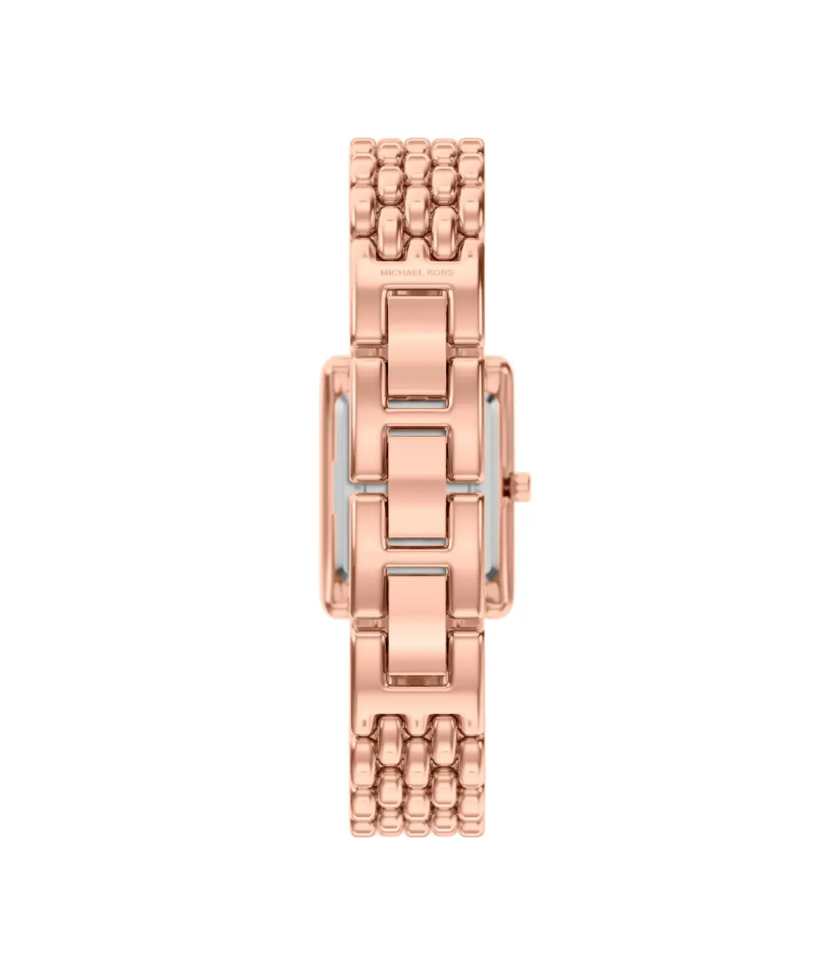 Back view of the Michael Kors Essex MK4998 showing the stainless steel case back and rose gold bracelet or strap