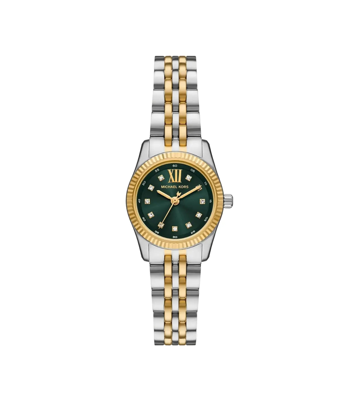 Petite Lexington 26mm Two-Tone Watch MK4986 front view - women's Michael Kors watch with green dial and silver and gold finish, available in Sri Lanka at Time Vault