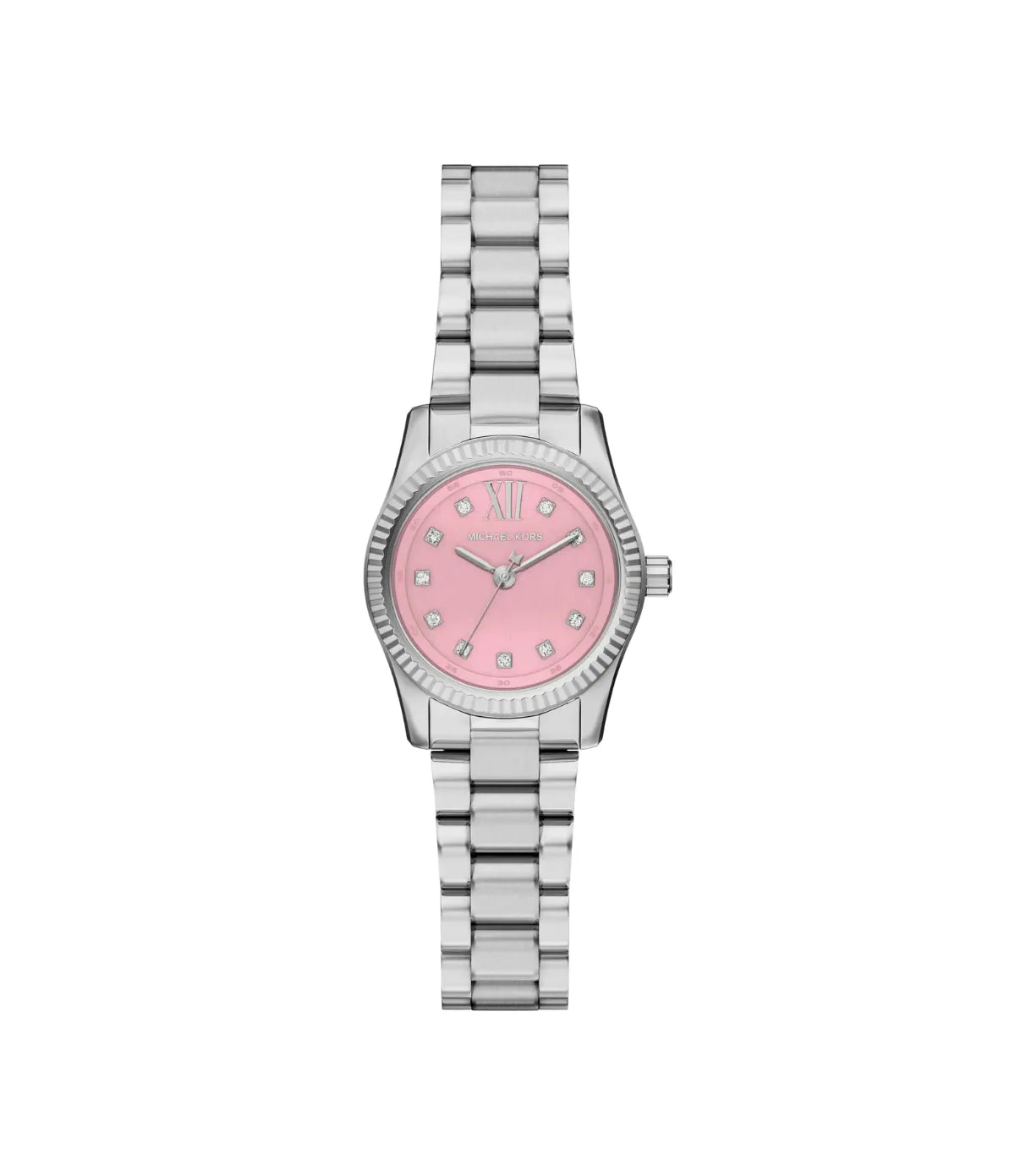 Petite Lexington Pavé 26mm Silver-Tone Watch MK4996 front view - women's Michael Kors watch with pink dial and silver finish, available in Sri Lanka at Time Vault