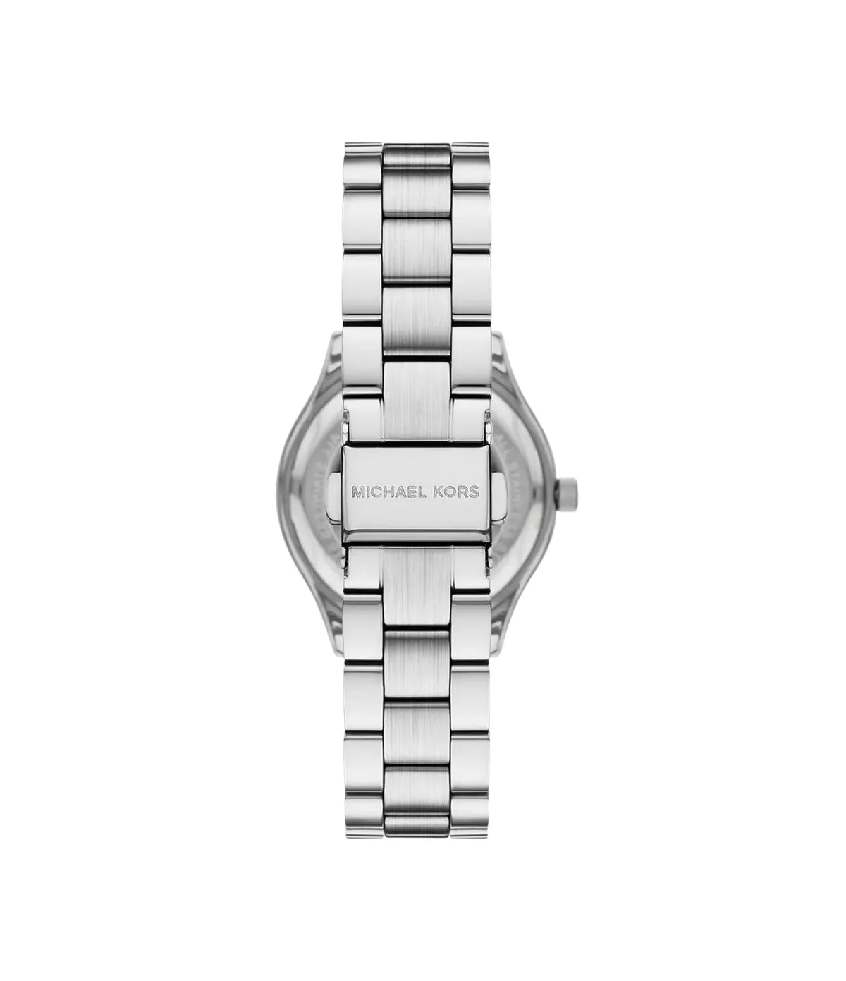 Back view of the Michael Kors Slim Runway MK7563SET showing the stainless steel case back and silver stainless steel strap