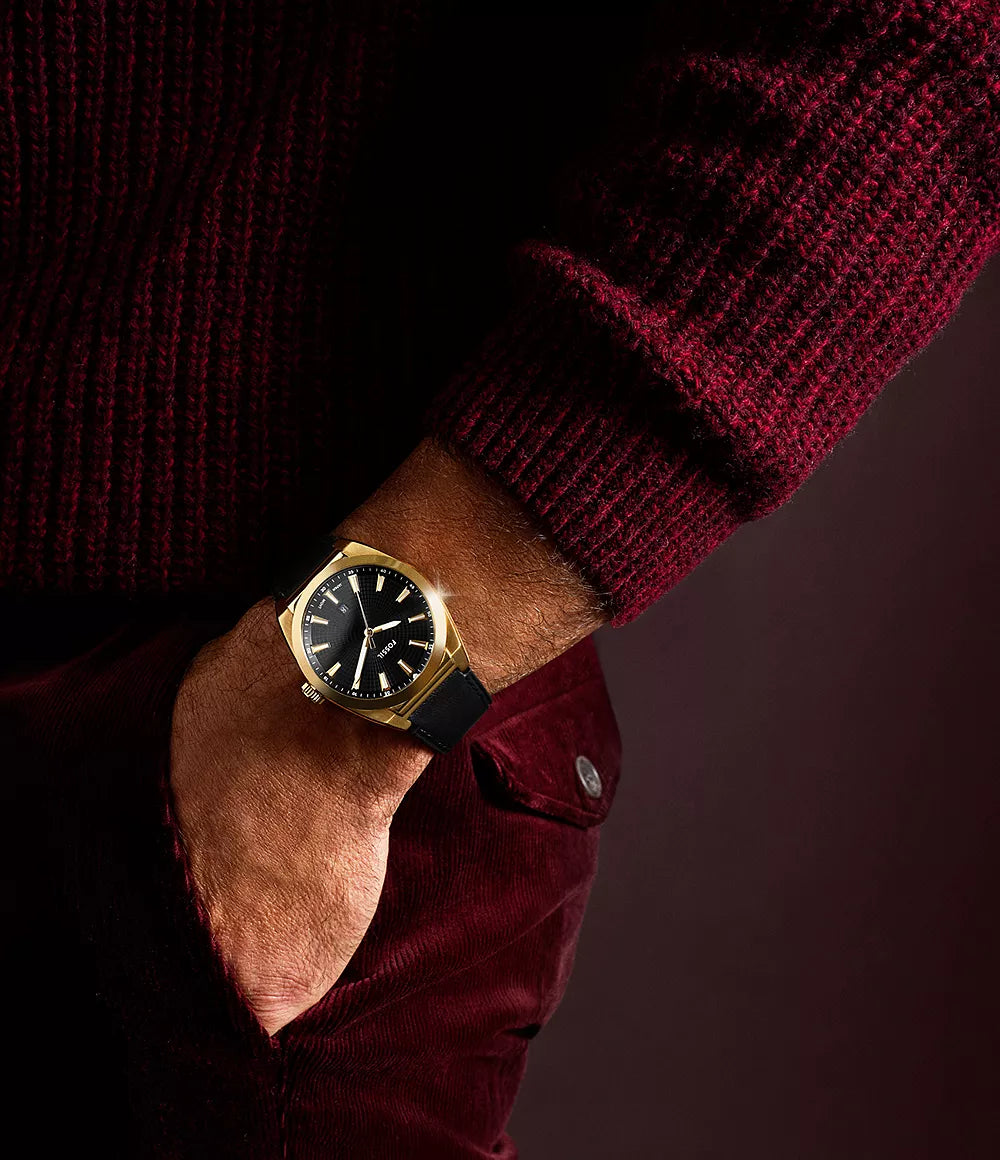Fossil Everett Three-Hand Date Black Leather Watch